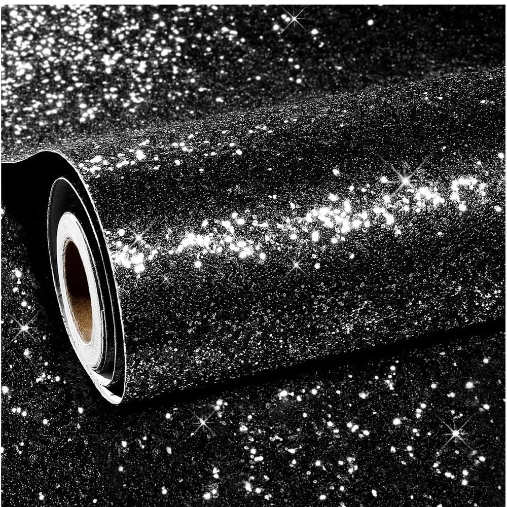 Rewallpaper Black Glitter Contact Paper For Dresser Cabinets 15.8inx23ft Moder